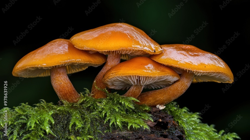 Fototapeta premium A cluster of vibrant golden mushrooms emerges from a mossy log, glistening with moisture in a rich green forest, illuminated by soft morning light