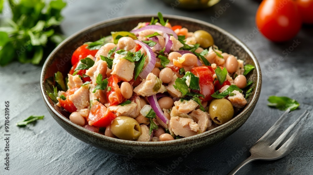 Tuna salad with white beans, tomatoes, and red onions. wholesome cuisine
Tuna salad with white beans, tomatoes, and red onions. wholesome cuisine