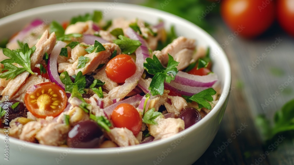 Tuna salad with white beans, tomatoes, and red onions. wholesome cuisine
Tuna salad with white beans, tomatoes, and red onions. wholesome cuisine