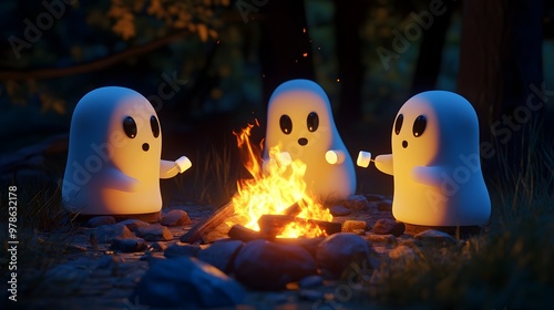 Cheerful 3D-rendered ghosts sitting by a cozy campfire roasting marshmallows with glowing firelight reflecting off them photo