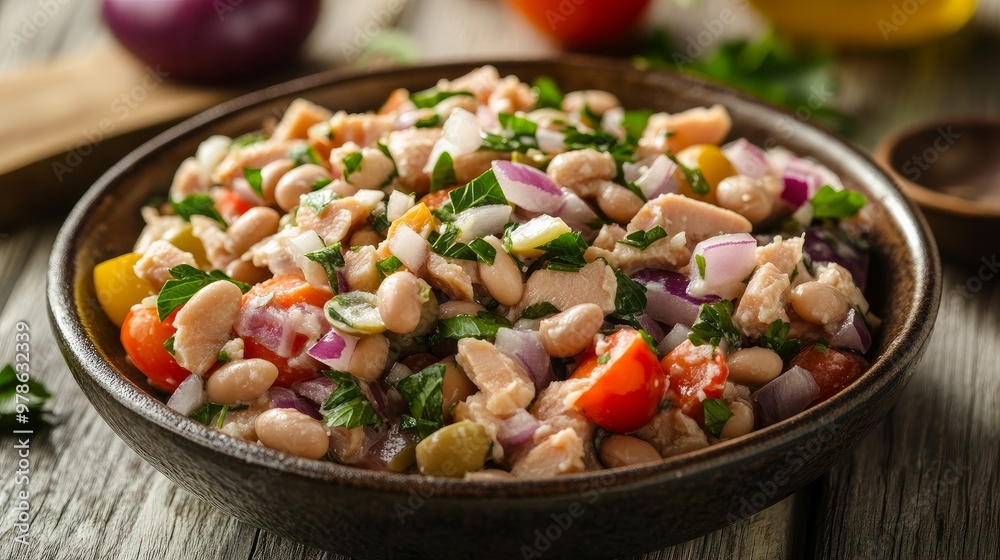 Tuna salad with white beans, tomatoes, and red onions. wholesome cuisine
Tuna salad with white beans, tomatoes, and red onions. wholesome cuisine