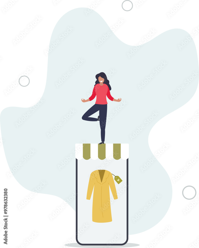 Eco store online woman chooses a coat on a smartphone.flat design with people. Eco store online woman chooses a coat on a smartphone.flat design with people.