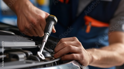 Mechanic working on a car engine, using diagnostic tools and wrenches to identify and repair issues, ensuring the vehicle runs efficiently and safely