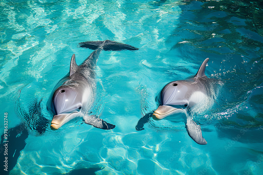 Obraz premium Two dolphins swimming in clear blue water, showcasing marine life and aquatic beauty.