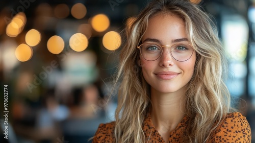 Beautiful Woman Smiling with Glasses in Cafe