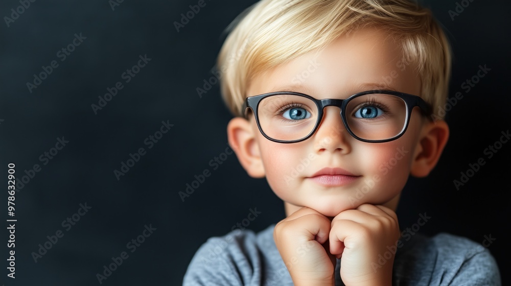 A young boy with blonde hair and glasses poses calmly, resting his chin on his hands, showcasing a thoughtful expression against a dark backdrop that highlights his features A young boy with blonde hair and glasses poses calmly, resting his chin on his hands, showcasing a thoughtful expression against a dark backdrop that highlights his features