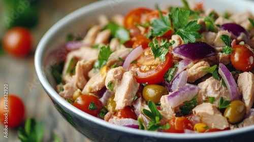 Tuna salad with white beans, tomatoes, and red onions. wholesome cuisine 