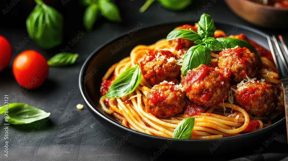 A delicious plate of spaghetti topped with meatballs and fresh basil, perfect for food lovers and culinary enthusiasts. A delicious plate of spaghetti topped with meatballs and fresh basil, perfect for food lovers and culinary enthusiasts.