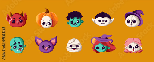 Little friendly monsters Halloween avatars color vector icon set. Cute spooky characters portraits illustration pack on orange background