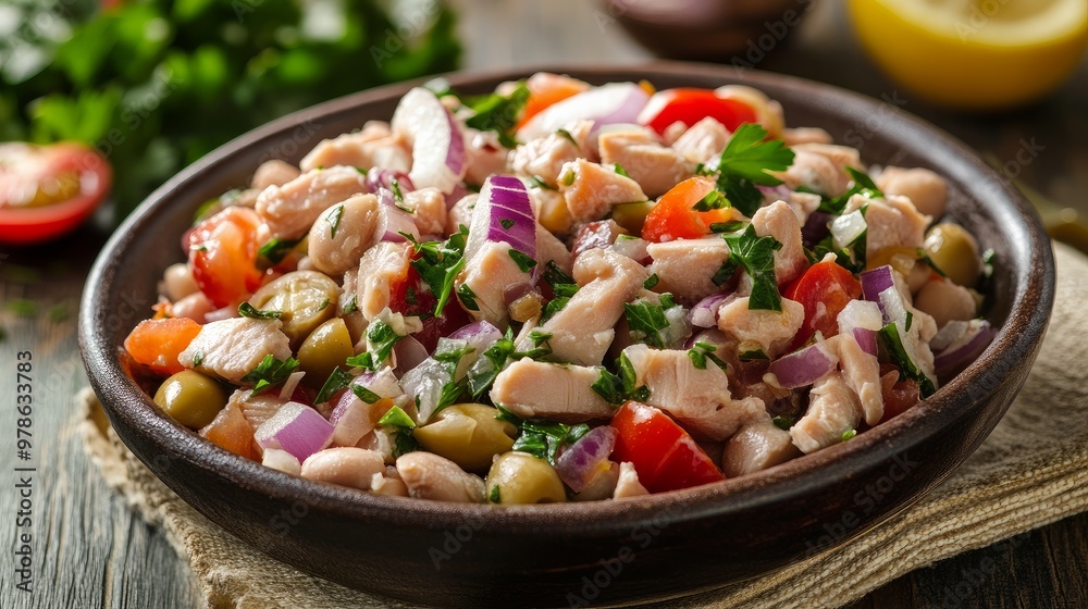 Tuna salad with white beans, tomatoes, and red onions. wholesome cuisine
Tuna salad with white beans, tomatoes, and red onions. wholesome cuisine