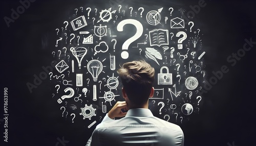 Back view of thoughtful young european male with chalk drawn question marks on blackboard background. Solution, education and knowledge concept.