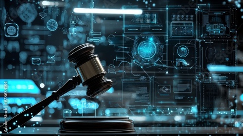 A gavel in mid-swing, suspended in front of a digital courtroom interface, with AI icons and legal symbols floating around. The futuristic backdrop shows a seamless merge of AI with justice