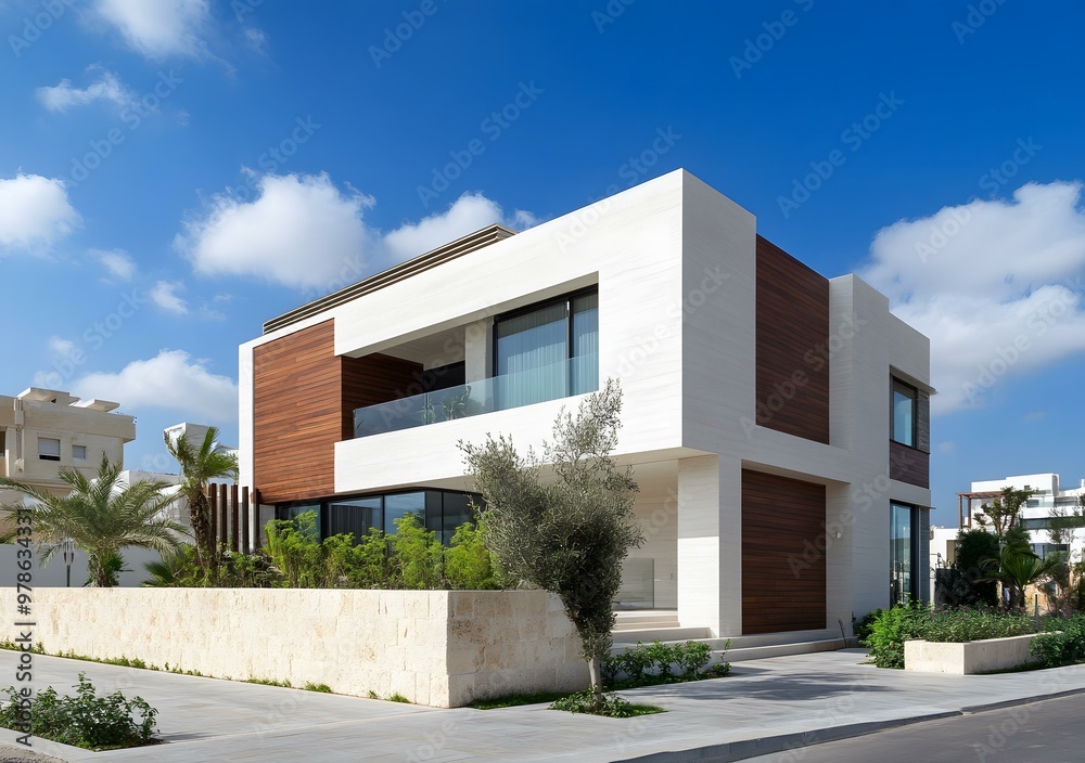 Modern White House with Wooden Accents and a Blue Sky Modern White House with Wooden Accents and a Blue Sky