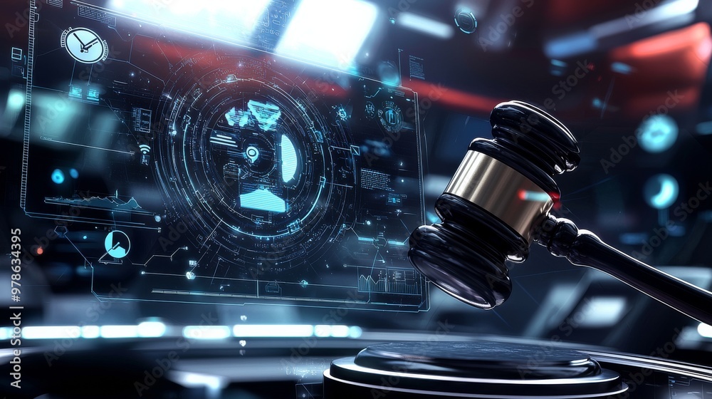 Fototapeta premium A gavel in mid-swing, suspended in front of a digital courtroom interface, with AI icons and legal symbols floating around. The futuristic backdrop shows a seamless merge of AI with justice