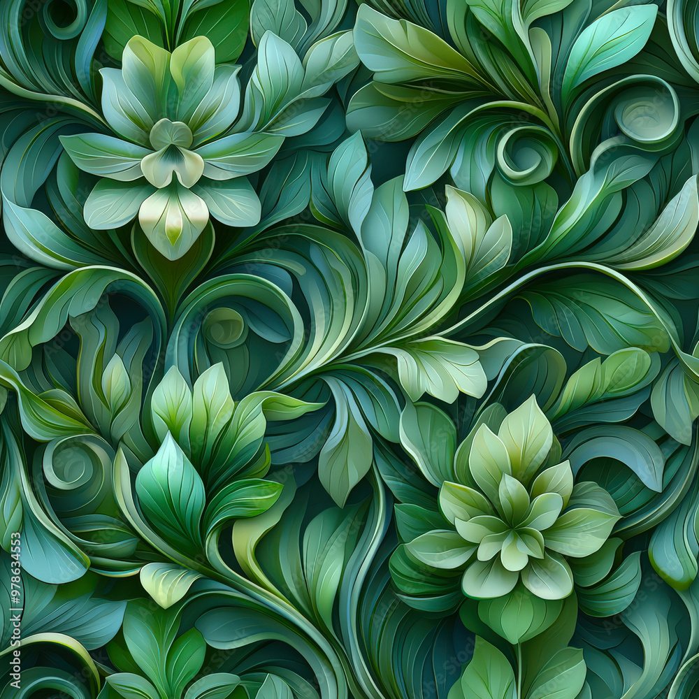 Seamless green floral pattern with leaves and flowers. Botanical green detailed pattern. An organic natural background for the design. Plant motifs Seamless green floral pattern with leaves and flowers. Botanical green detailed pattern. An organic natural background for the design. Plant motifs