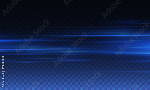 Moving fast blue laser light beams isolated on black background. Abstract light effect. Green lens flare. Horizontal rays glowing in the dark. Vector