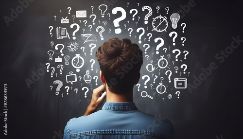 Back view of thoughtful young european male with chalk drawn question marks on blackboard background. Solution, education and knowledge concept.