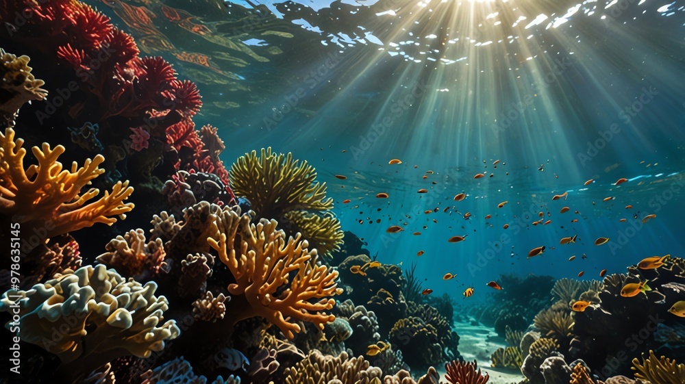 Obraz premium a coral reef with the sun shining through the water.