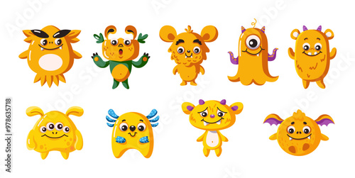 Playful yellow monsters group flat color vector characters set. Funny childish beasts. Imaginary friends illustration pack on white background