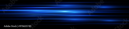 Moving fast blue laser light beams isolated on black background. Abstract light effect. Green lens flare. Horizontal rays glowing in the dark. Vector