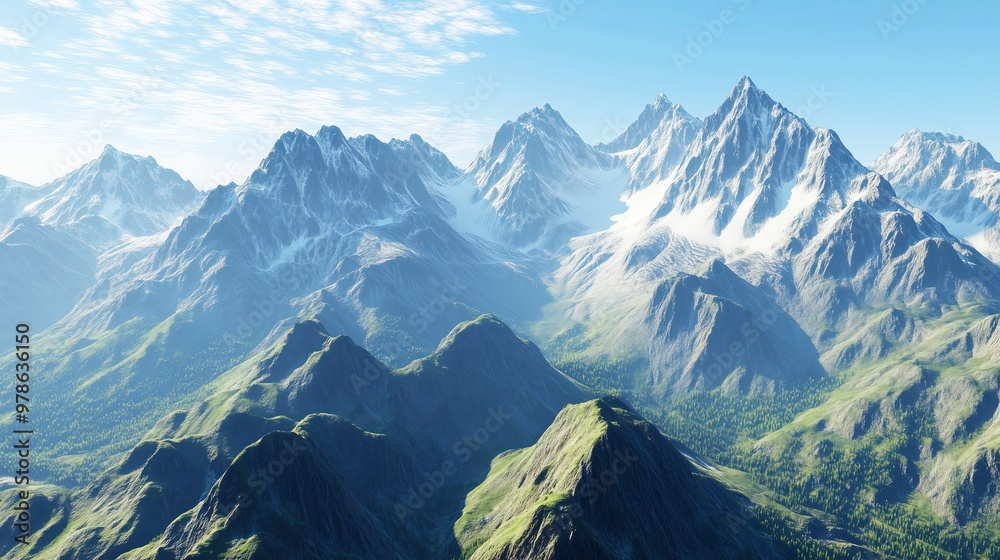 Fototapeta premium A breathtaking view of snow-capped mountains in a valley, with rolling hills and a clear blue sky