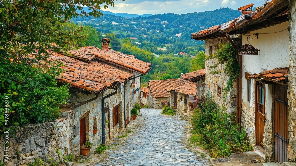 A picturesque village street lined with rustic stone houses and vibrant greenery, showcasing quaint architecture and serene scenery. A picturesque village street lined with rustic stone houses and vibrant greenery, showcasing quaint architecture and serene scenery.