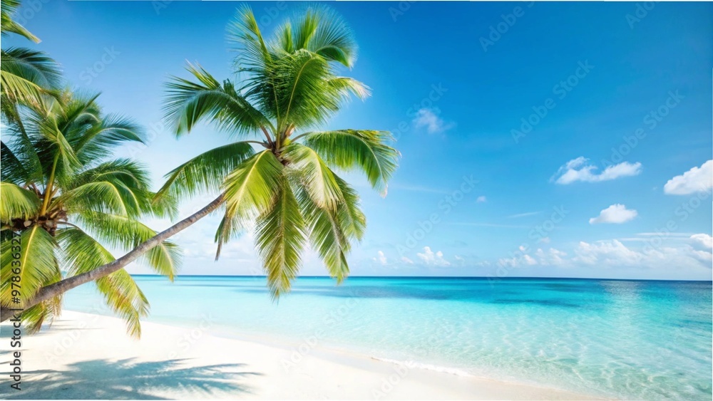 Tropical beach scene featuring palm trees and clear blue water, perfect for a serene background or wallpaper. Tropical beach scene featuring palm trees and clear blue water, perfect for a serene background or wallpaper.