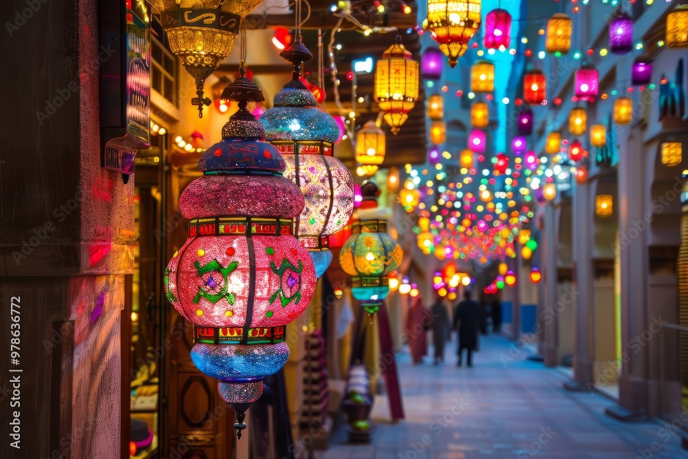 Obraz premium Festive lanterns and decorations dance across the streets, beneath the majestic skyline, filling the air with a sense