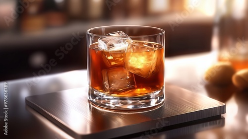 A glass of whiskey with ice sits on a metal coaster in a bar