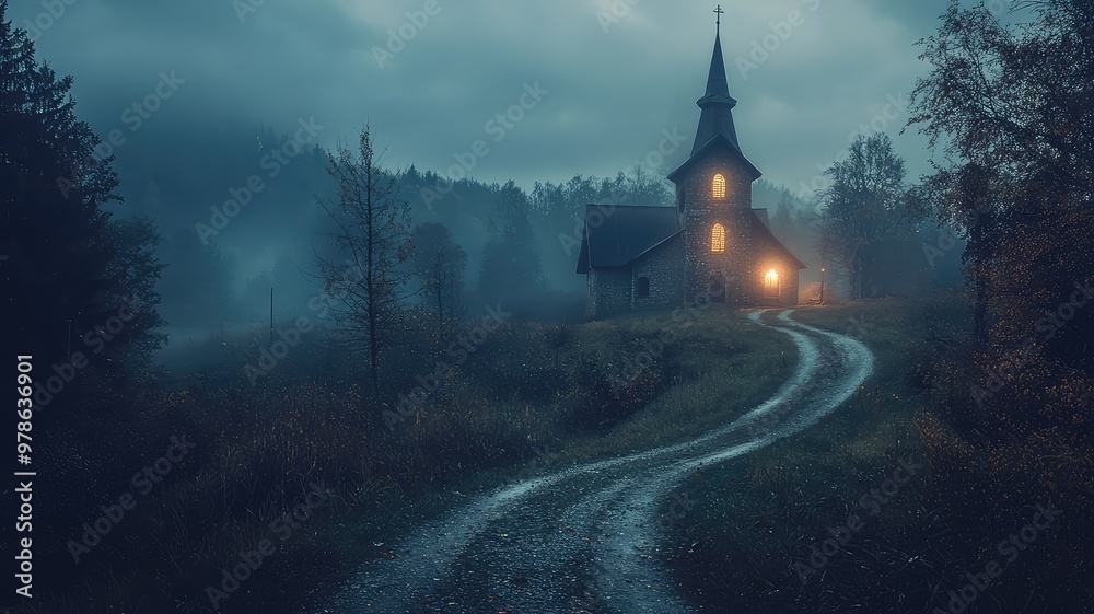A serene, misty landscape featuring a quaint church illuminated at dusk, surrounded by trees and a winding path. A serene, misty landscape featuring a quaint church illuminated at dusk, surrounded by trees and a winding path.