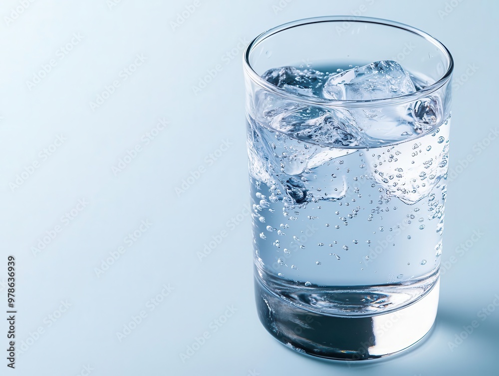 Tilted angle view of a crystal-clear glass of ice-cold water Tilted angle view of a crystal-clear glass of ice-cold water