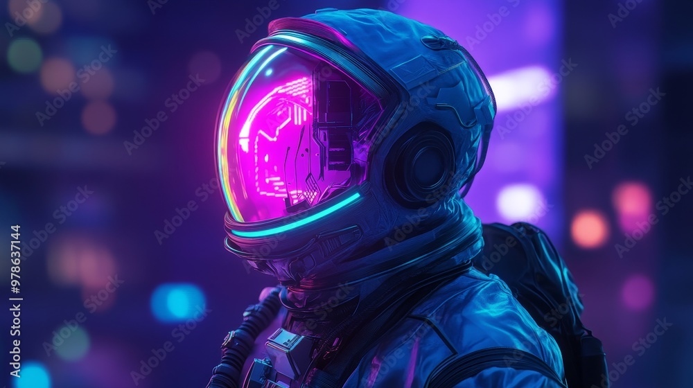 Futuristic Astronaut in Cyberpunk Suit Standing on Rooftop with Neon City Lights Reflection - Sci-Fi Concept Art Futuristic Astronaut in Cyberpunk Suit Standing on Rooftop with Neon City Lights Reflection - Sci-Fi Concept Art