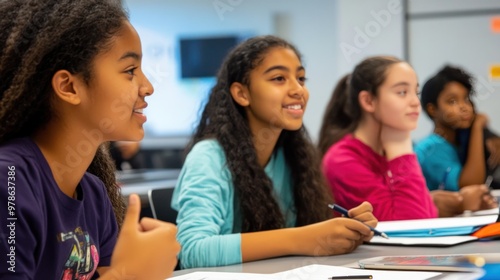 A classroom setting for a financial literacy program, students of diverse backgrounds engaged in learning about budgeting, saving, and investing, interactive digital tools on display