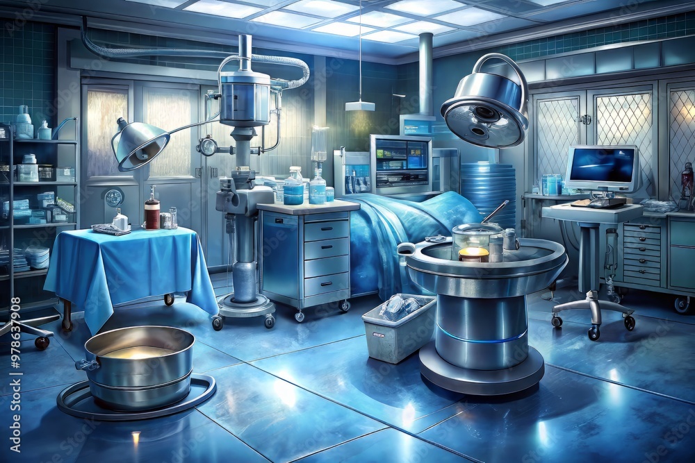 High-tech medical equipment and surgical instruments are prepared for a complex procedure, featuring sterile High-tech medical equipment and surgical instruments are prepared for a complex procedure, featuring sterile