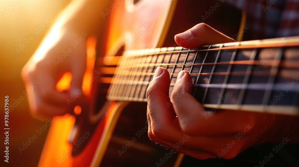 Obraz premium A close-up of hands gently strumming a guitar, conveying a sense of healing and peace,