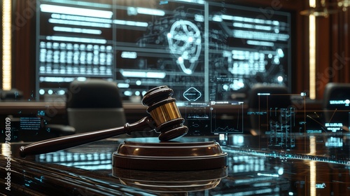 A wooden gavel resting on a modern courtroom desk, surrounded by futuristic holographic displays showing legal codes and AI algorithms. The atmosphere is a blend of traditional law