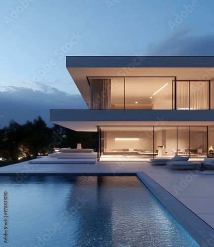Modern Architecture House with Swimming Pool at Dusk