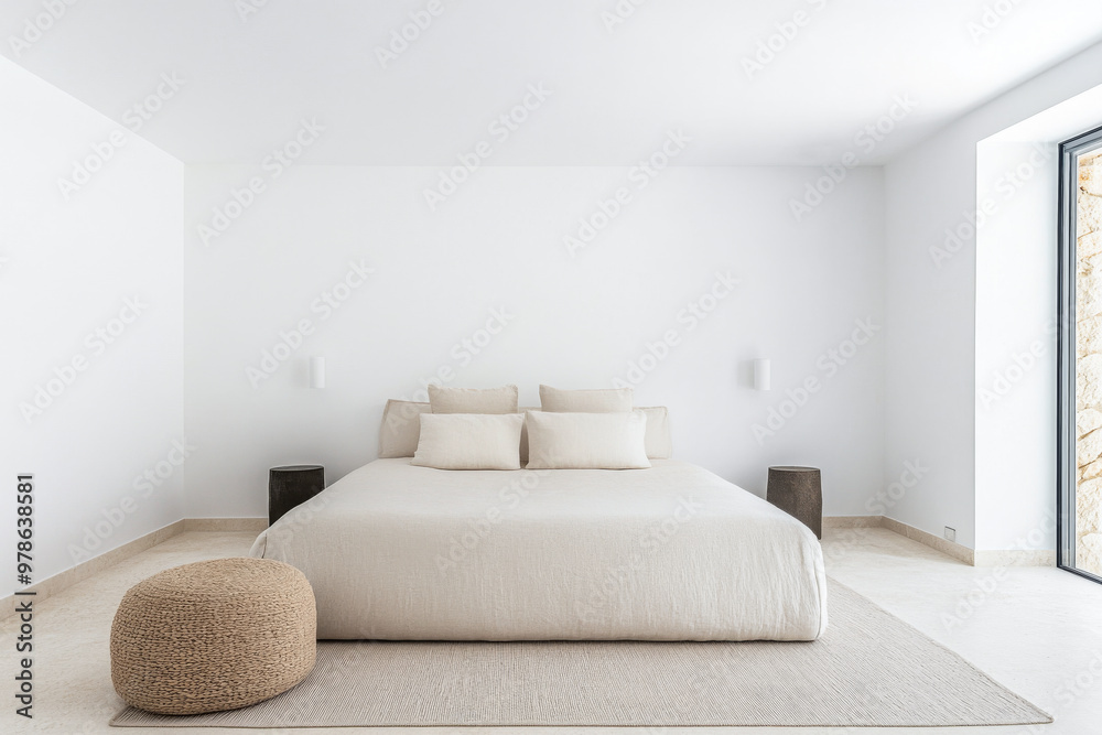 Fototapeta premium Minimalist bedroom interior with a large bed, neutral colors, and natural elements in a modern home setting