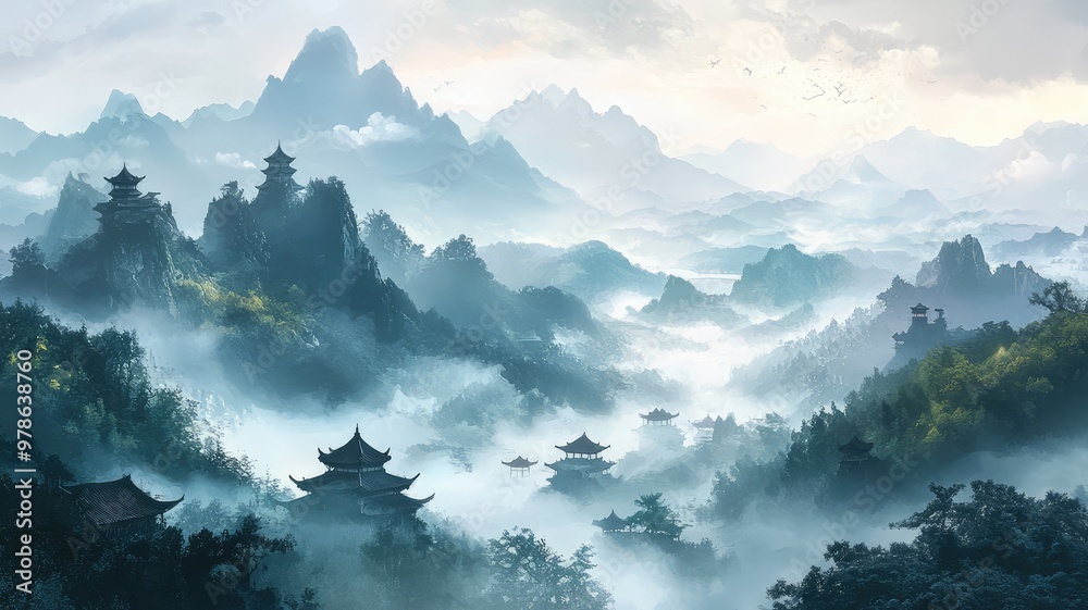 Fototapeta premium A serene landscape featuring misty mountains and traditional architecture, evoking tranquility and nature's beauty.