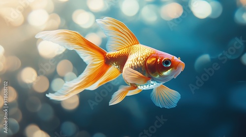 A Golden Fish in Blue Water with Bokeh Background. Generate Ai Image