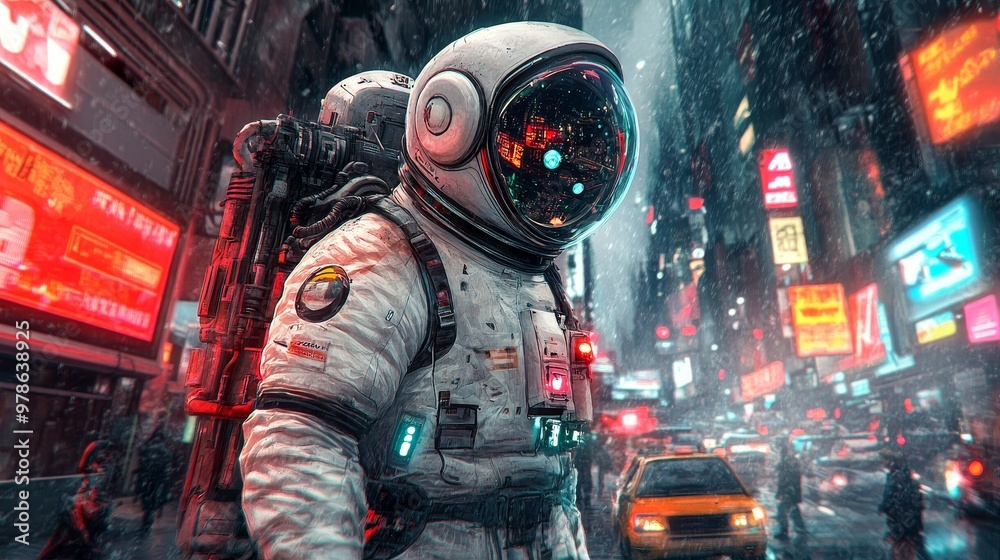 custom made wallpaper toronto digitalFuturistic Astronaut in Cyberpunk Exosuit on Busy Street with Glowing Signs and Vehicles, Textured Suit Detail