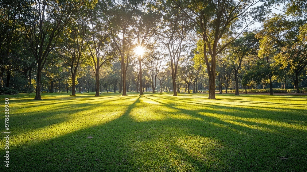 Obraz premium A serene landscape featuring sunlit trees casting long shadows on lush green grass, perfect for nature and tranquility themes.
