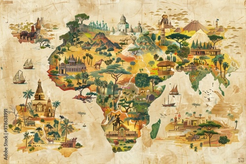 Intricately illustrated, the map brings Africa's ecological and cultural diversity to life, depicting mountain peaks,