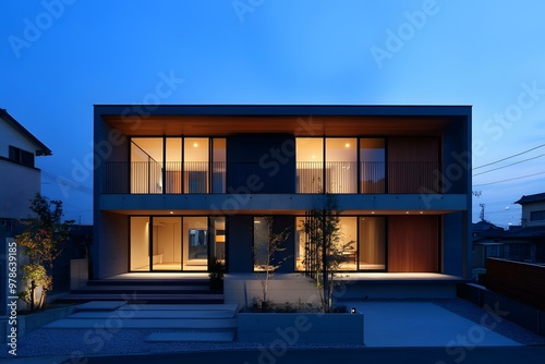 Modern Two Story Home Exterior at Dusk