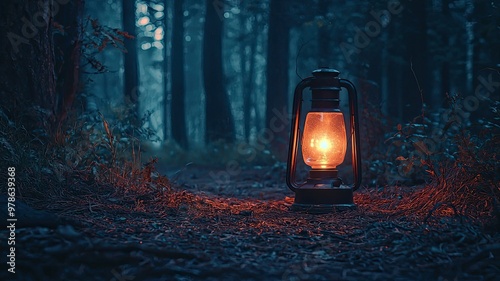 A serene lantern illuminates a dark forest path, casting a warm glow amidst the shadows of tall trees, creating a peaceful atmosphere. photo