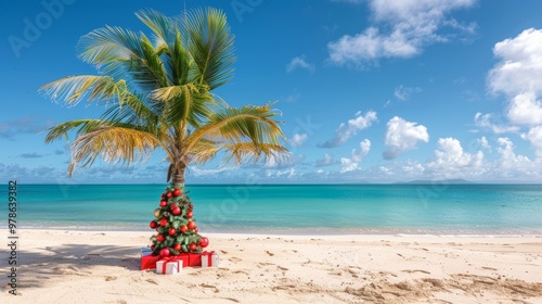 Fototapeta Naklejka Na Ścianę i Meble -  Tropical christmas scene  palm tree adorned with decorations and gifts on a white sand beach
