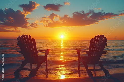 Adirondack chairs face a stunning sunset over the ocean waters on a serene evening by the beach. Generative AI photo