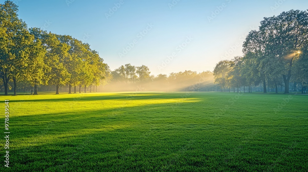 A serene morning scene showcasing a lush green field surrounded by trees, illuminated by soft sunlight and mist. A serene morning scene showcasing a lush green field surrounded by trees, illuminated by soft sunlight and mist.