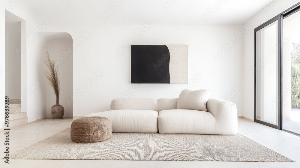 Cozy and modern living room with minimalist decor featuring a large sectional sofa and earthy textures in natural light