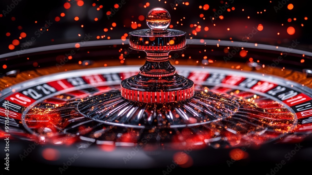 Casino Roulette Wheel Closeup with Red Lights Casino Roulette Wheel Closeup with Red Lights
